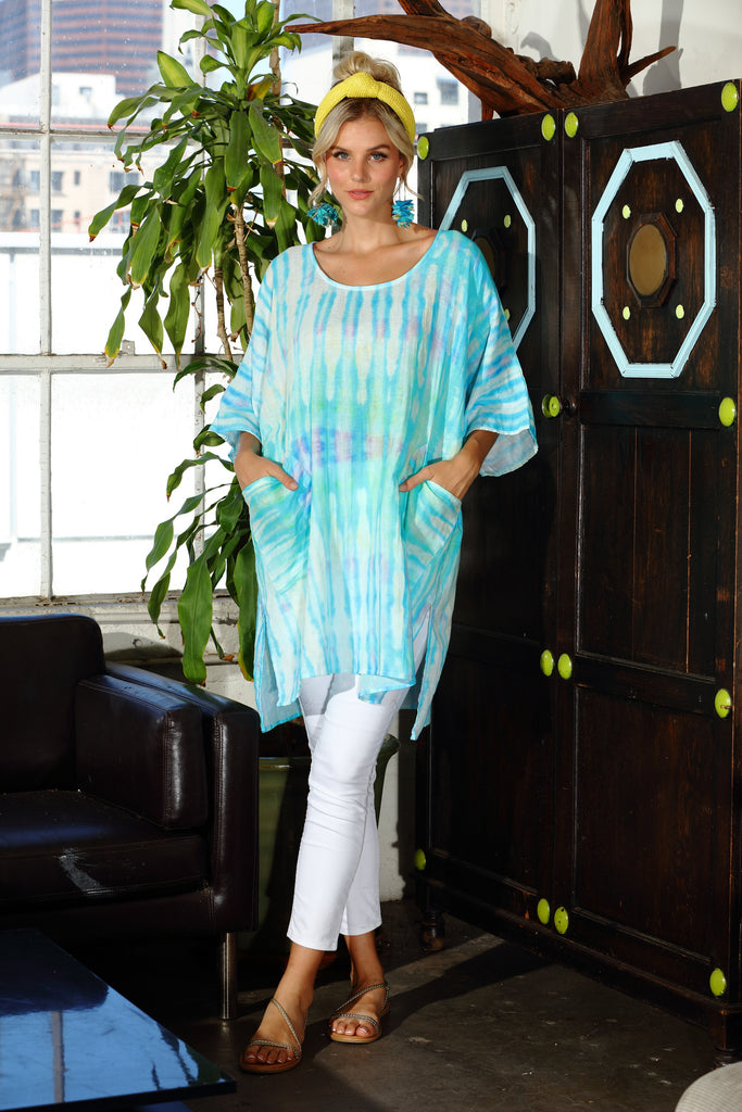 Artisan Turquoise Tie Dye Gauze Round Neck Kaftan