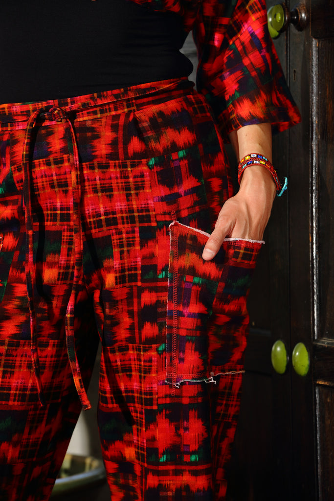 SeaRenity Red Plaid Patchwork French Terry Pocket Pant