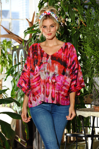 Artisan Raspberry Tie Dye Gauze Short V Neck Pocket Top