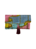 Abstract Pink Blues and Gold Velvet Clutch with Removable Chain