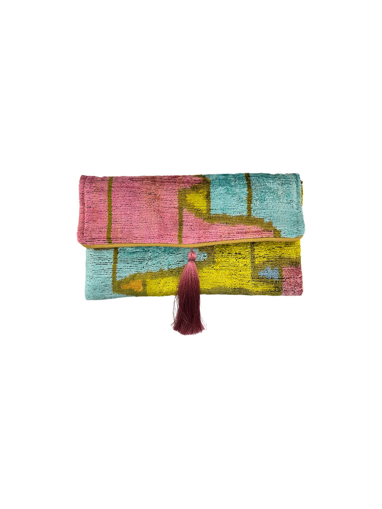 Abstract Pink Blues and Gold Velvet Clutch with Removable Chain