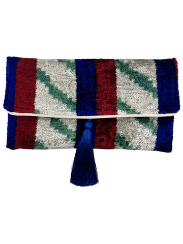 Blue Red and Green Stripes Velvet Clutch with Removable Chain