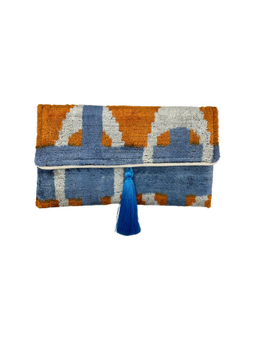 Blue and Orange Geo Velvet Clutch with Removable Chain