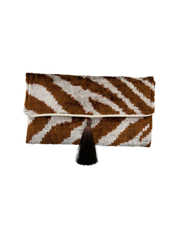 Brown Zebra Velvet Clutch with Removable Chain