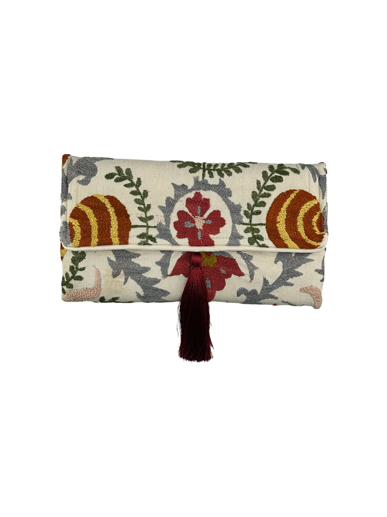 Cream Red and Yellow Floral Embroidered Clutch