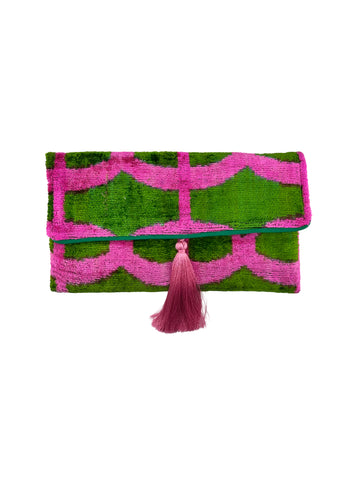 Green and Pink Velvet Clutch with Removable Chain