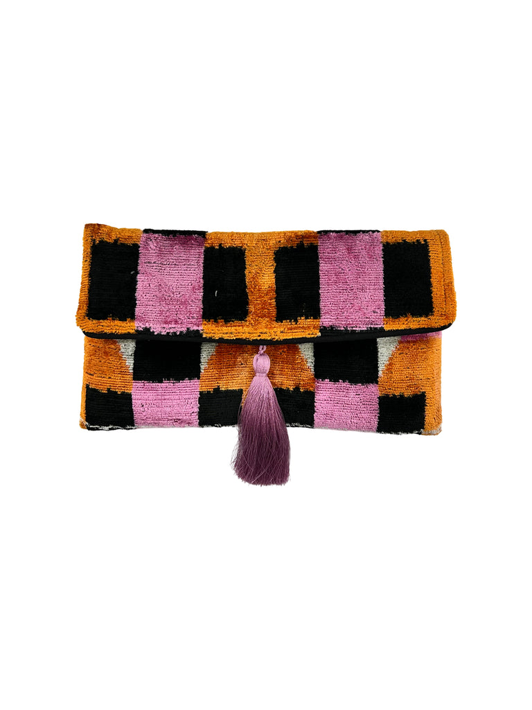 Orange, Black & Pink Velvet Clutch with Removable Chain