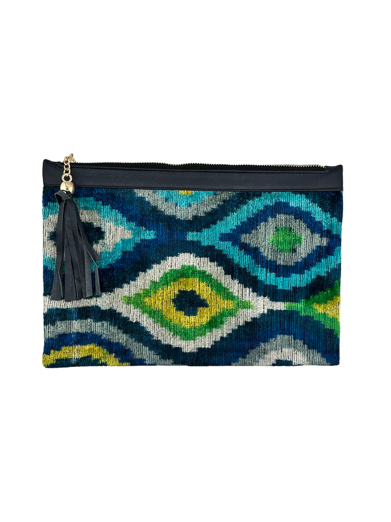 Blue & Green Velvet Clutch with Leather