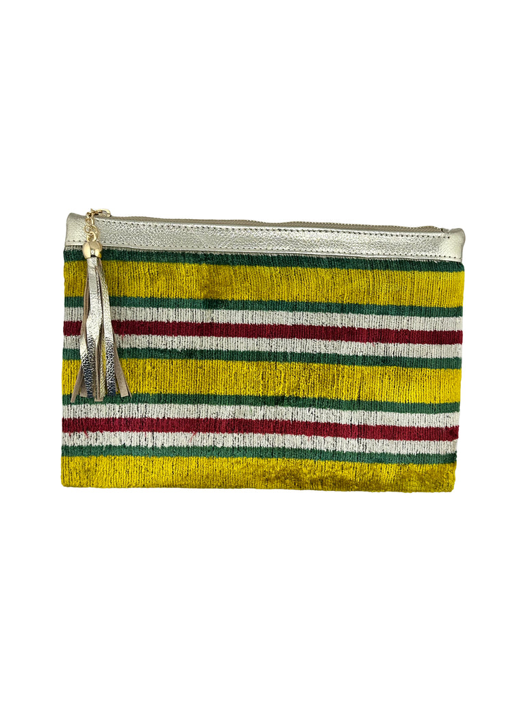 Yellow Striped Velvet Clutch with Leather