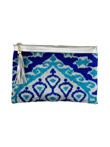 Multi Blue Velvet Clutch with Leather