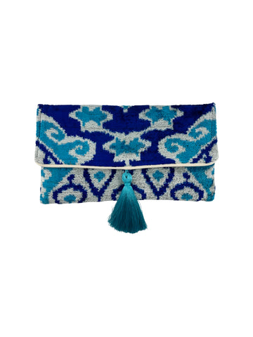 Multi Blue Velvet Clutch with Removable Chain