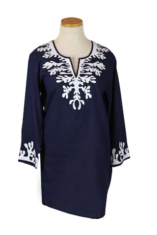 Navy Embroidered Coral Tunic