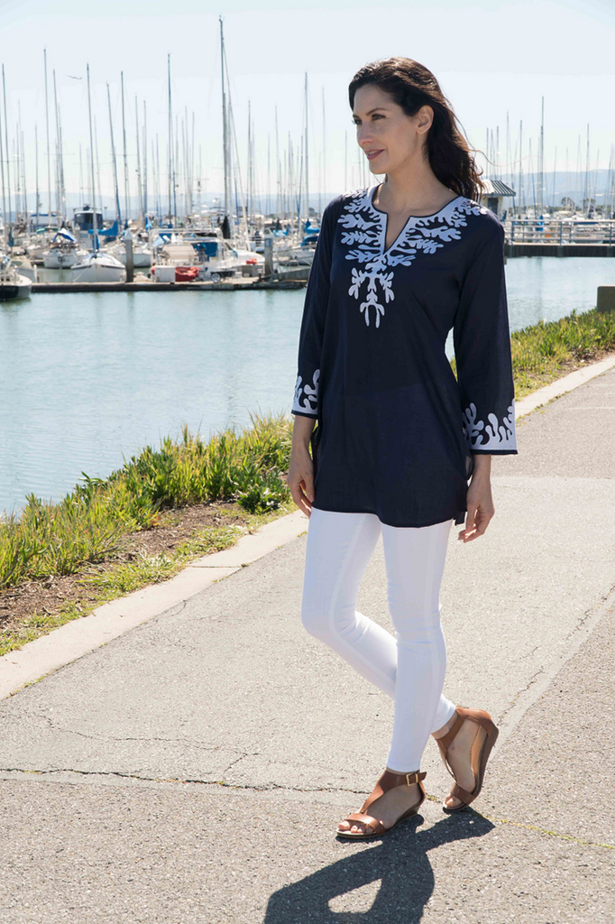 Navy Embroidered Coral Tunic