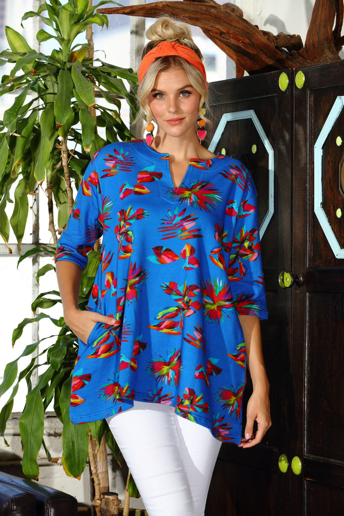 SeaRenity Royal Blue Fiesta Leaf French Terry Tunic w/ Pockets