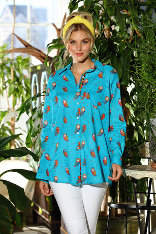 Aqua Owls Boyfriend Shirt