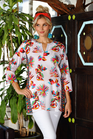 Artisan White Fiesta Leaf Tunic w/ Trim Print Sides