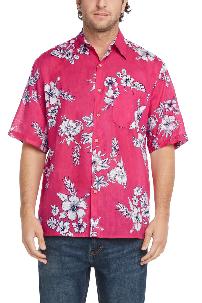 Men's Simpatiko Raspberry and Navy Hibiscus Short-Sleeved Button Down Shirt